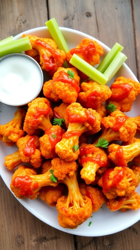 Crispy cauliflower wings in buffalo sauce with celery sticks and ranch dressing on a wooden table.